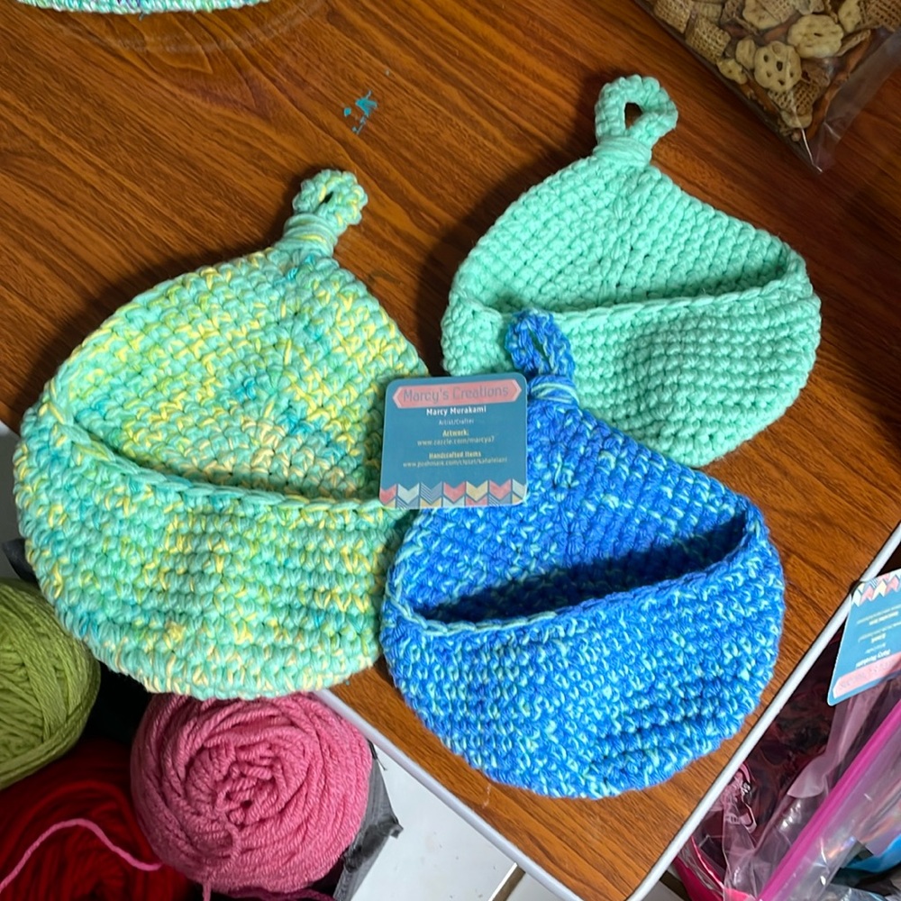 Crocheted baskets, Turquoise and Blue. Handmade by me. You get all 3.